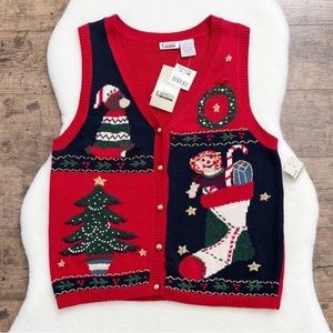 Capacity Vintage Hand Embroidered Christmas Sweater Vest Large